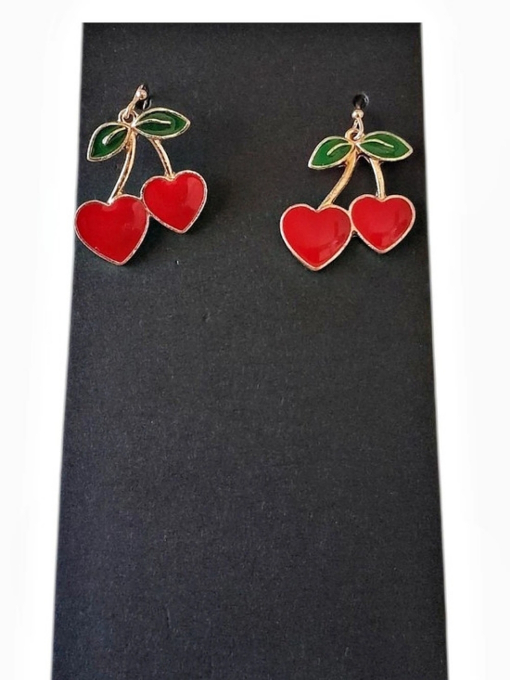 Red Enamel Cherry Heart Drop Fish Hook Earrings